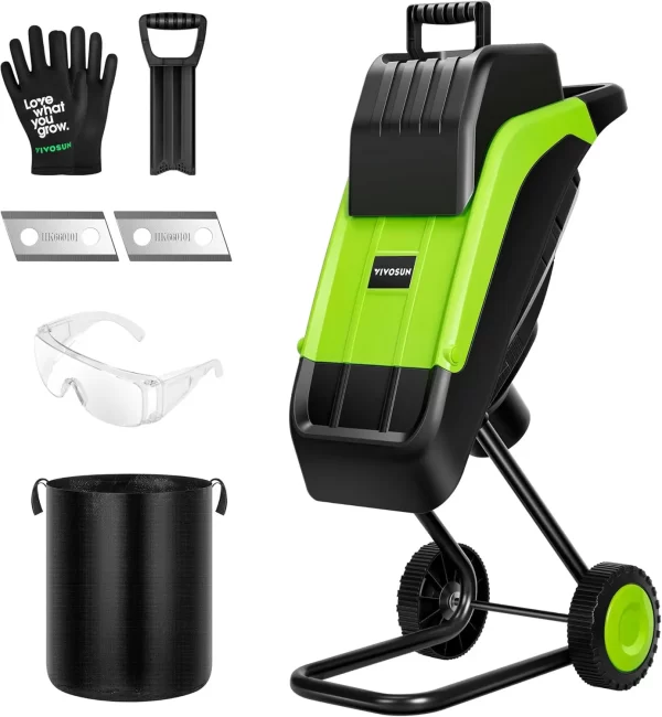 15-Amp Electric Wood Chipper Shredder with 1.57" Hopper & 50L Collection Bag, Includes Plunger, Extra Carbon Blades, Safety Gogg