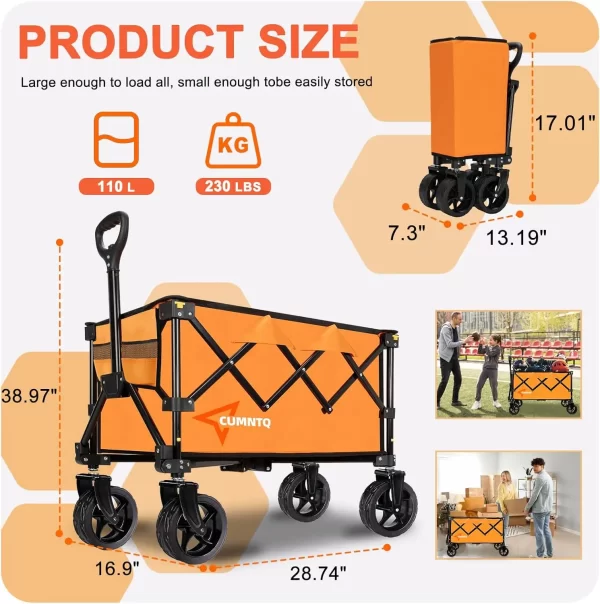 Collapsible Wagon Cart with Wheels Heavy Duty Foldable Wagon Cart with 230lbs Weight Capacity - Image 6