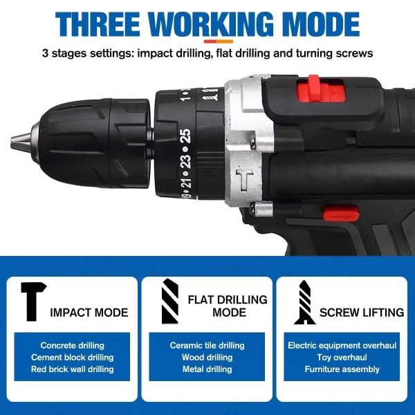 21V Cordless Impact Drill Electric Screwdriver Electric Hammer Drill - Image 3