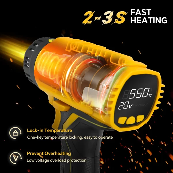 400W 550℃ Cordless Heat Gun for Dewalt 20V Battery with LCD Digital Display Hot Air Gun  no battery - Image 2