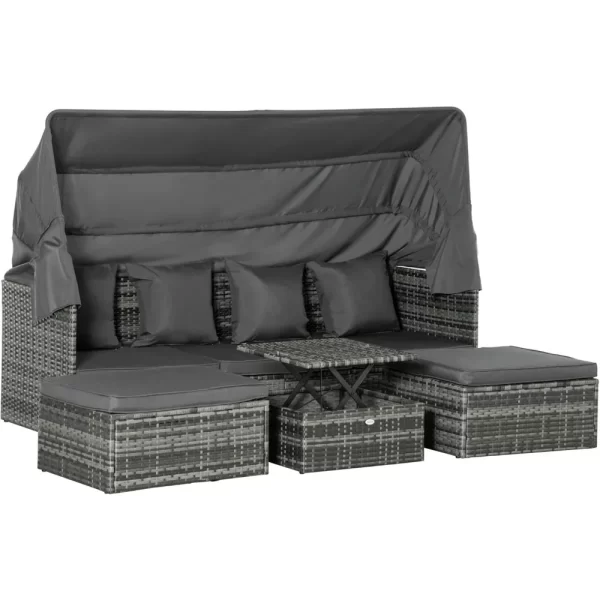 4 Piece Patio Furniture Set with Cushions, PE Rattan Daybed with Retractable Canopy