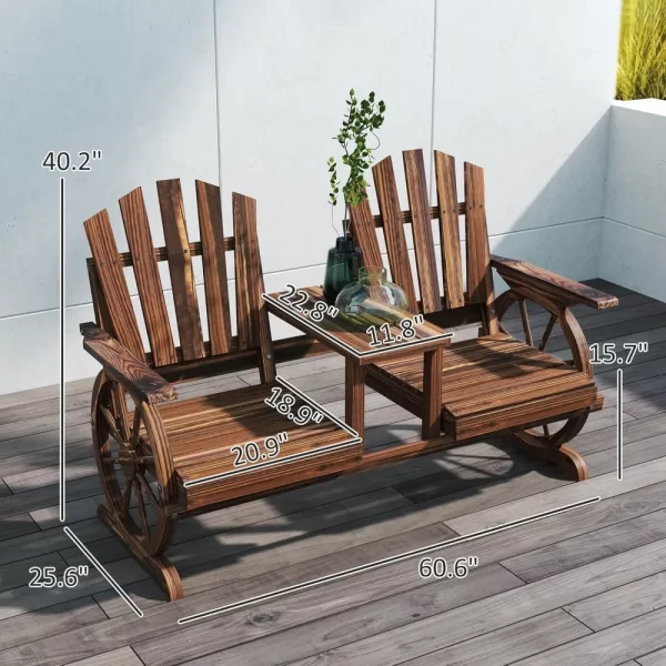 Wooden Garden Bench with Table, Umbrella Hole, 2-Seat Wagon Wheel Outdoor Bench - Image 3