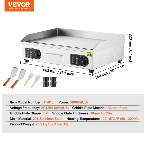 VEVOR 26/30 inch Commercial Electric Countertop Griddle Flat Top Griddle 2800W 122℉-572 ℉ - Image 9