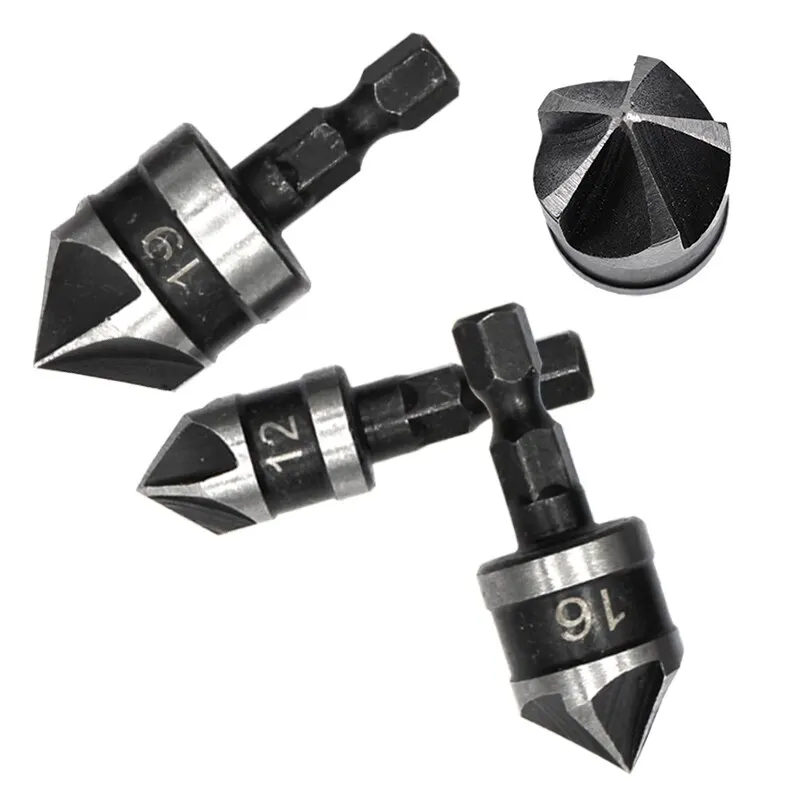 3PC Hexagonal Shank 90 Degree Black Five Blade Chamferer Countersink - Image 3