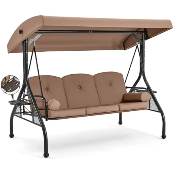 3 Seat Porch Swing W/Adjustable Canopy, Convertible Patio Swings Bed with Stand - Image 8