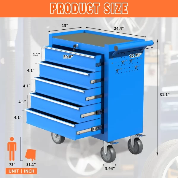 5 Drawers Tool Chest with Wheels, Metal Rolling Tool Box with Drawers, Large Capacity Tool Storage Cabinet with Keyed Locking, - Image 16