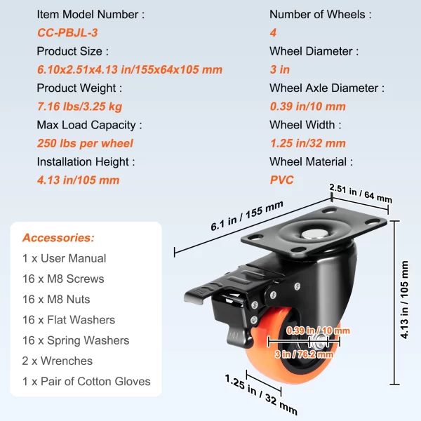 VEVOR 2/3/4/5/6-inch Swivel Plate Casters Set of 4 with Security Dual Locking - Image 8