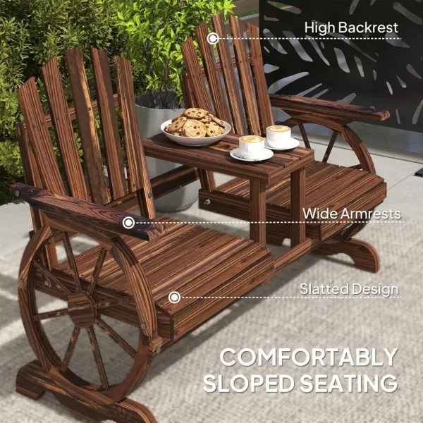 Wooden Garden Bench with Table, Umbrella Hole, 2-Seat Wagon Wheel Outdoor Bench - Image 6