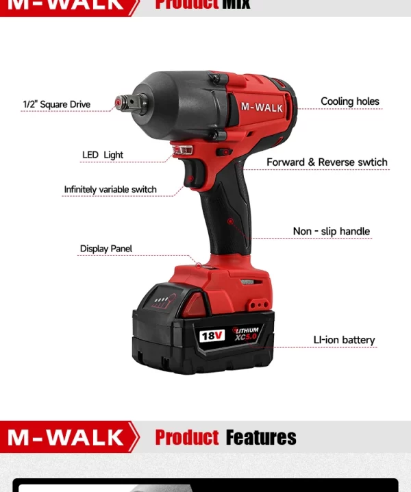 M-WALK Electric Impact Wrench 1300N. Power Wrench For 18V Milwaukee Battery Pin - Image 10
