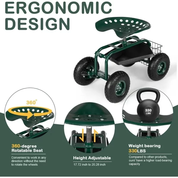 Rolling Work Seat with Adjustable 360 Degree Swivel Seat - Image 4