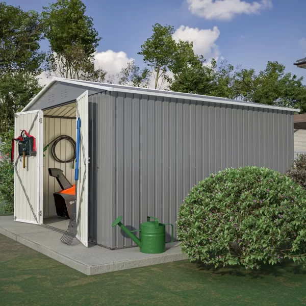 10 x 10 FT Outdoor Storage Shed, Large Metal Tool Sheds with Updated Frame Structure and Lockable Doors, Garden Shed, Grey