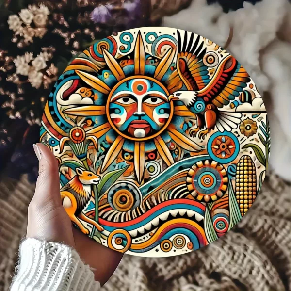 Oaxacan Maya Aztec 8-Inch Round Metal Sign - Bohemian Garden Decor - Image 2
