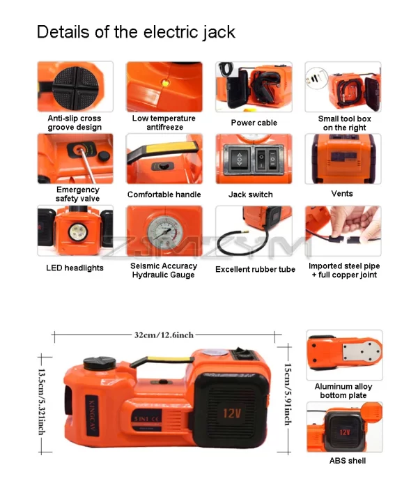 12V 5Ton Car Electric Hydraulic Floor Jack, Tire Inflator Pump and LED Flashlight 2 in 1 Set With Safe Hammer - Image 10