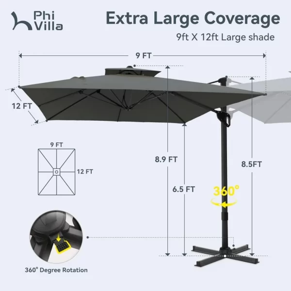 9'x 12' Large Patio Umbrella, Outdoor Aluminum Cantilever Umbrella - Image 5