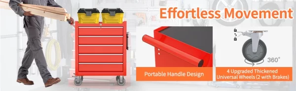 5 Drawers Tool Chest with Wheels, Metal Rolling Tool Box with Drawers, Large Capacity Tool Storage Cabinet with Keyed Locking, - Image 12