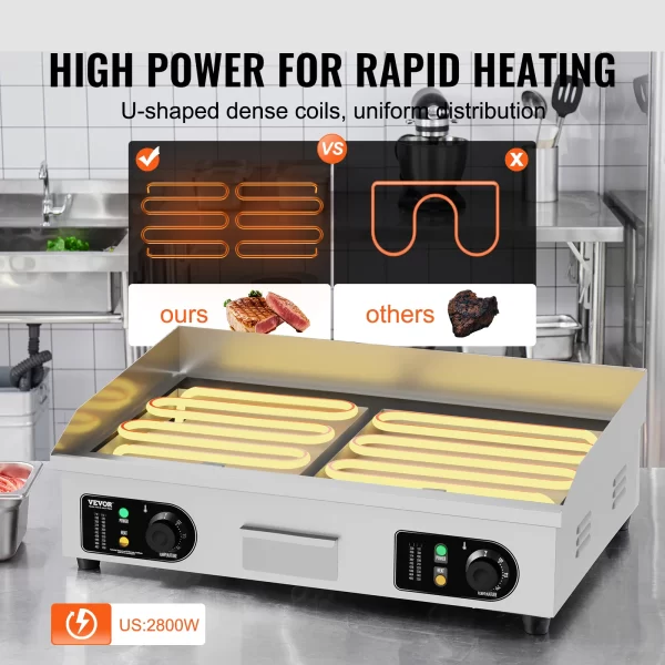 VEVOR 26/30 inch Commercial Electric Countertop Griddle Flat Top Griddle 2800W 122℉-572 ℉ - Image 3