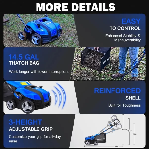 16" Electric Lawn Eater, 5 Depth Adjustment, 14.5 Gallon Grass Bag, 2-in-1 Walk-behind Lawn Weeder - Image 4