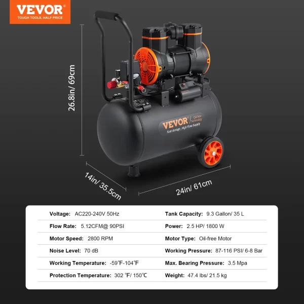 VEVOR Silent Air Compressor 900W 1450W 1800W Quiet Oil-free Portable Air Pump - Image 8
