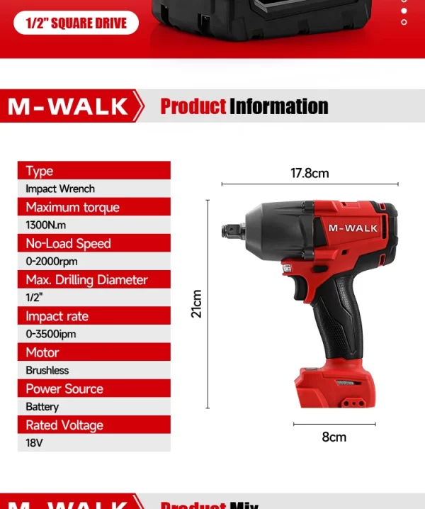 M-WALK Electric Impact Wrench 1300N. Power Wrench For 18V Milwaukee Battery Pin - Image 9