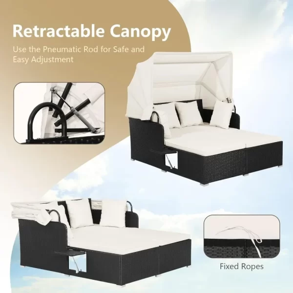 Outdoor Daybed, 2-Person Wicker Chaise Lounge with Retractable Canopy, Cushions & Pillows - Image 4
