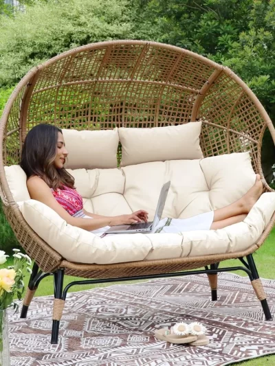 Double Egg Chair with Stationary Oversized Thicken Padded Cushions, 680 Lbs