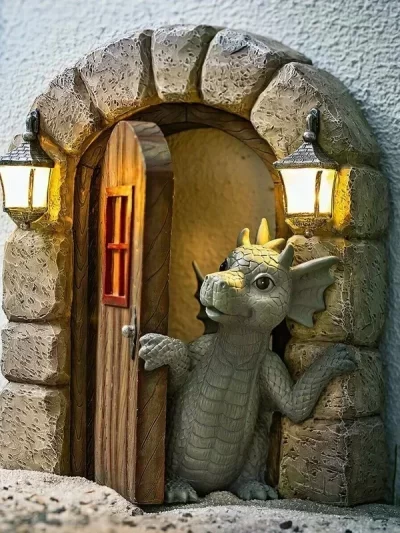 Solar Powered Outdoor Garden Dragon Statue Lovely Meditation Resin Crafts