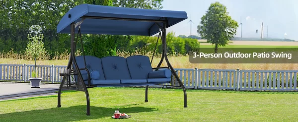 3 Seat Porch Swing W/Adjustable Canopy, Convertible Patio Swings Bed with Stand - Image 12