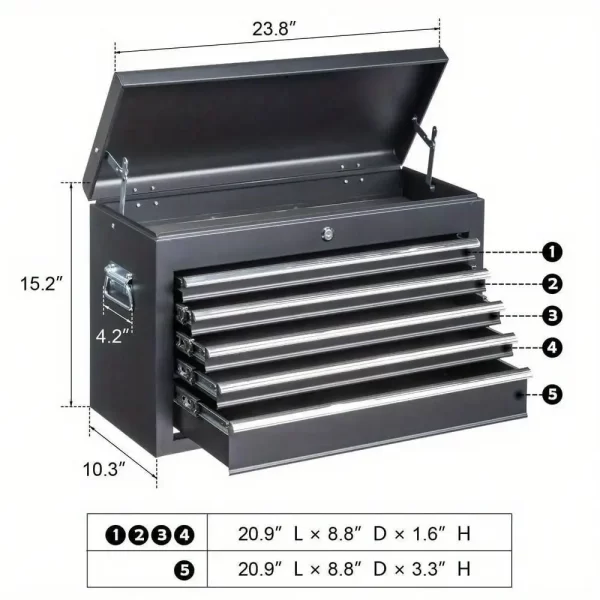 5-Drawer Tool Chest Metal Tool Box Storage Cabinet Organizer with Lock & Keys - Image 3