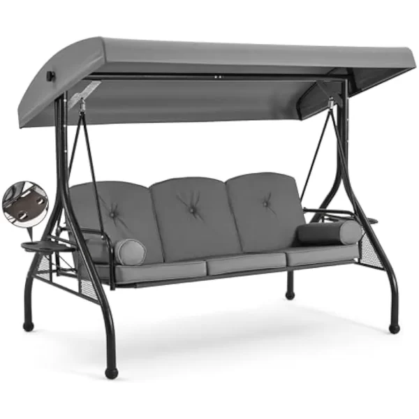 3 Seat Porch Swing W/Adjustable Canopy, Convertible Patio Swings Bed with Stand - Image 7