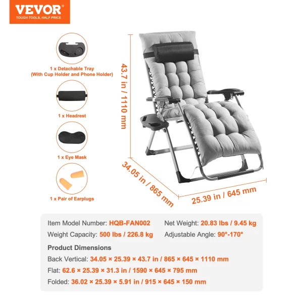 VEVOR Zero Gravity Chair Zero Gravity Recliner Lounge Chair Adjustable - Image 9
