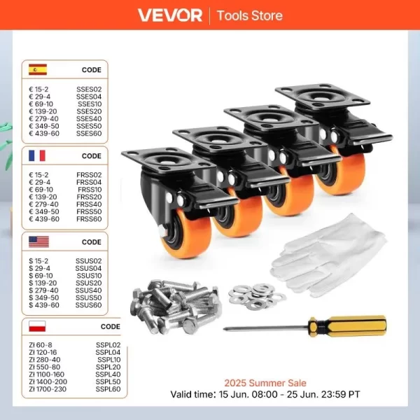 VEVOR 2/3/4/5/6-inch Swivel Plate Casters Set of 4 with Security Dual Locking