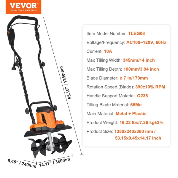 VEVOR 12 Amp Electric Tiller, 18" Tilling Width 3.94" - Image 8