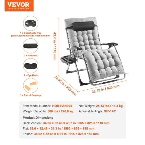 VEVOR Zero Gravity Chair Zero Gravity Recliner Lounge Chair Adjustable - Image 7