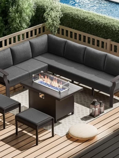 Aluminum Patio Furniture with Fire Pit Table, 8 Seats Outdoor Patio Conversation Set