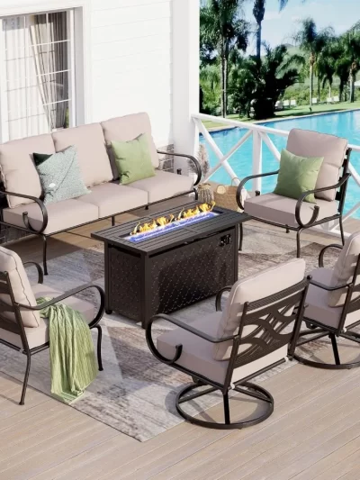 6 Pcs Outdoor Patio Furniture Set, with A 45" Gas Fire Pit Table , 3-seat Sofa, Swivel Chair X 2
