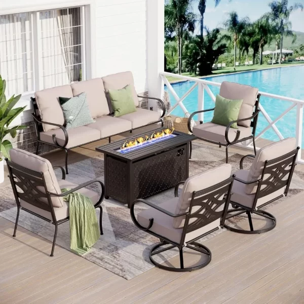 6 Pcs Outdoor Patio Furniture Set, with A 45" Gas Fire Pit Table , 3-seat Sofa, Swivel Chair X 2