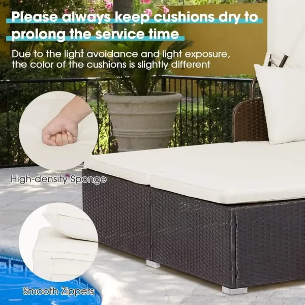 Outdoor Daybed, 2-Person Wicker Chaise Lounge with Retractable Canopy, Cushions & Pillows - Image 5