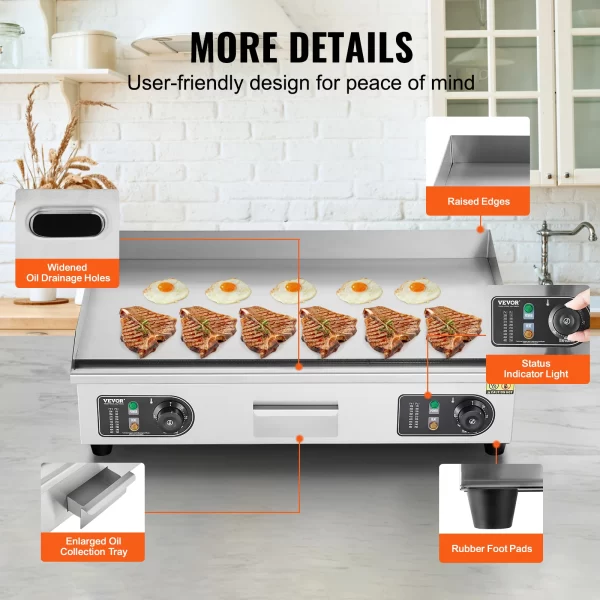 VEVOR 26/30 inch Commercial Electric Countertop Griddle Flat Top Griddle 2800W 122℉-572 ℉ - Image 6