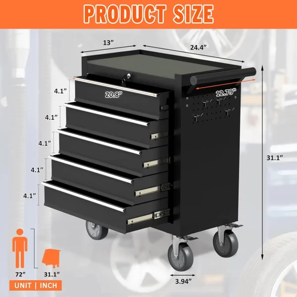 5 Drawers Tool Chest with Wheels, Metal Rolling Tool Box with Drawers, Large Capacity Tool Storage Cabinet with Keyed Locking, - Image 22