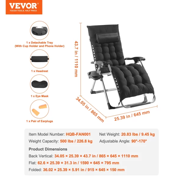 VEVOR Zero Gravity Chair Zero Gravity Recliner Lounge Chair Adjustable - Image 8