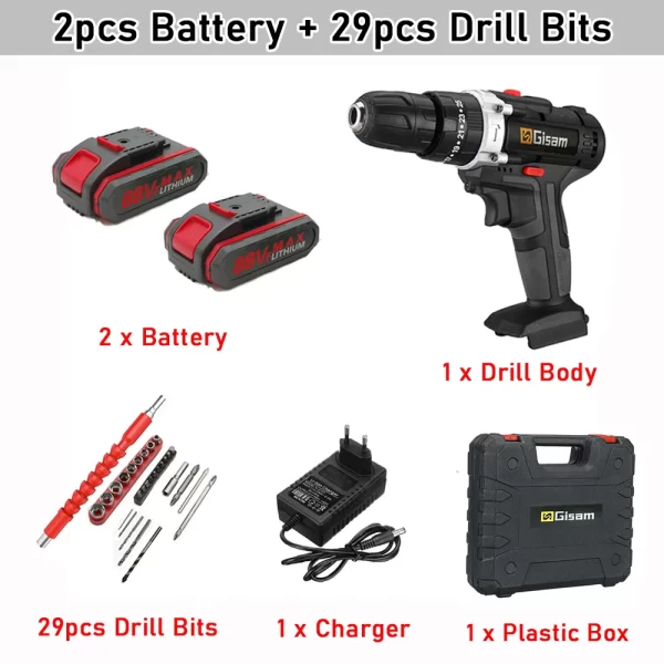 Gisam 88VF Electric Impact Drill Cordless Electric Screwdriver Drill Rechargeable Lithium Battery 2 Speeds Household Power Tools - Image 7