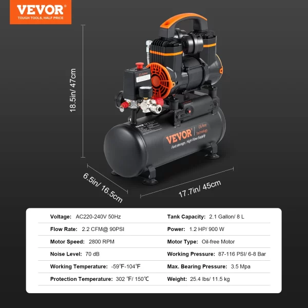 VEVOR Silent Air Compressor 900W 1450W 1800W Quiet Oil-free Portable Air Pump - Image 7