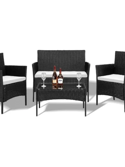 4 Pieces Patio Furniture Set, Rattan Conversation Sets with Loveseat Soft Cushion and Glass Table