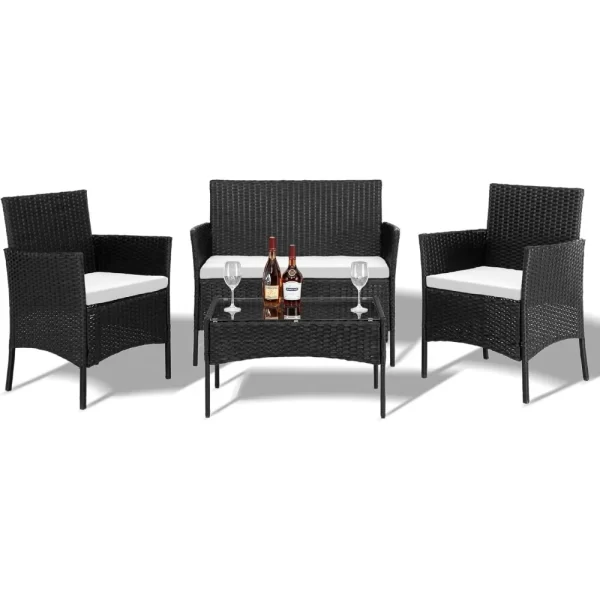 4 Pieces Patio Furniture Set, Rattan Conversation Sets with Loveseat Soft Cushion and Glass Table