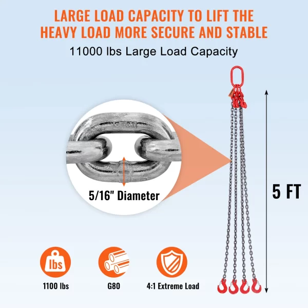 VEVOR Chain Sling 5/16 Inch X 5 Ft Lifting Chains with Hooks - Image 3