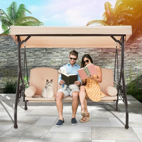 3 Seat Porch Swing W/Adjustable Canopy, Convertible Patio Swings Bed with Stand - Image 11