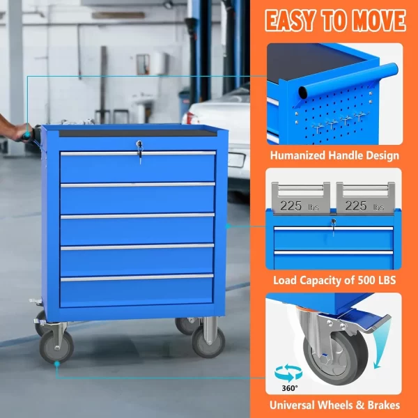 5 Drawers Tool Chest with Wheels, Metal Rolling Tool Box with Drawers, Large Capacity Tool Storage Cabinet with Keyed Locking, - Image 20