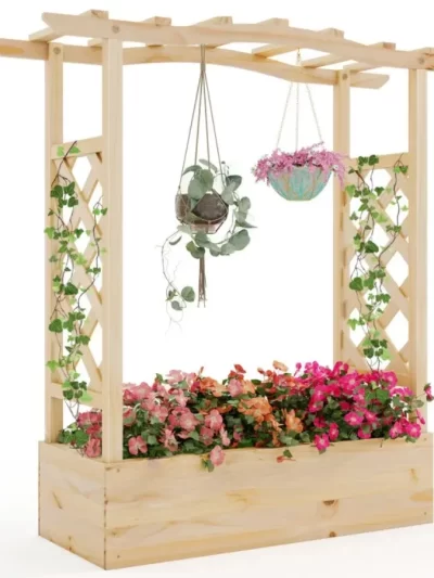 Wooden Raised Garden Bed Planter Box with Trellis and Hanging Roof