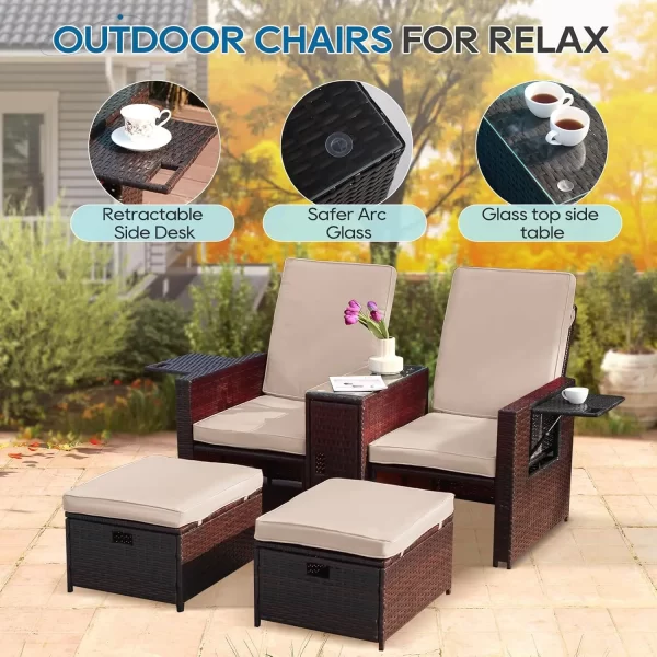 5PCS Wicker Chaise Lounge Set w/Ottoman & Table - Adjustable Recliners for Patio - Image 6