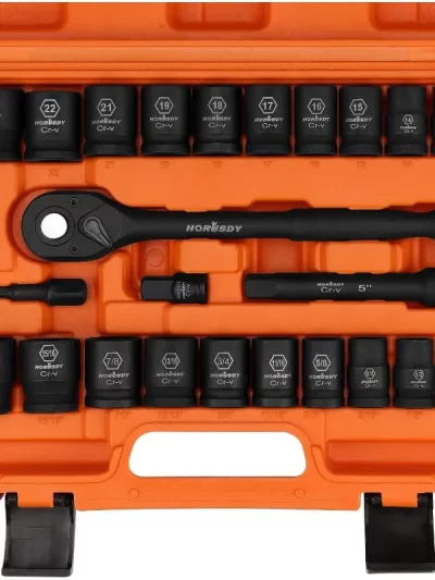 1/2" Drive Impact Socket Set, 24-Piece Shallow Standard SAE (7/16"-1") and Metric (13-24mm) Size, 6 Point